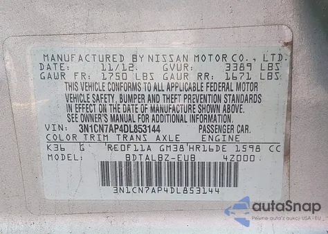 2013 Nissan Versa 1.6 Sv z USA, uszkodzony, nr VIN 3N1CN7AP4DL853144